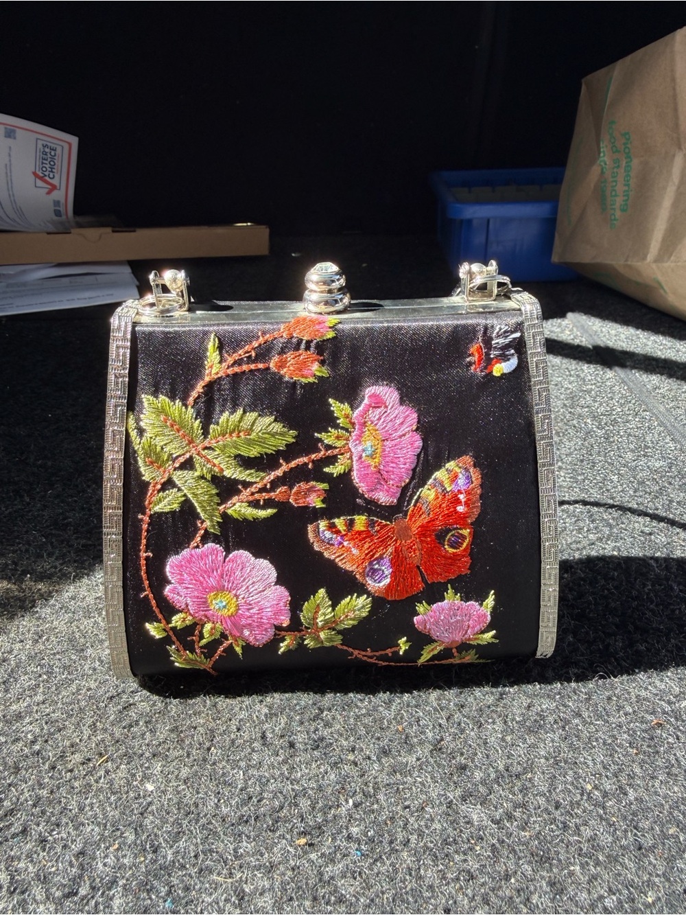 Embroidered Butterfly Floral Mini Bag in Black and Pink